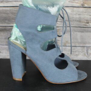 Just Fab Blue Suede Strappy Heels Size 8.5 Lizzette Drawstring Sandal Shoes Open